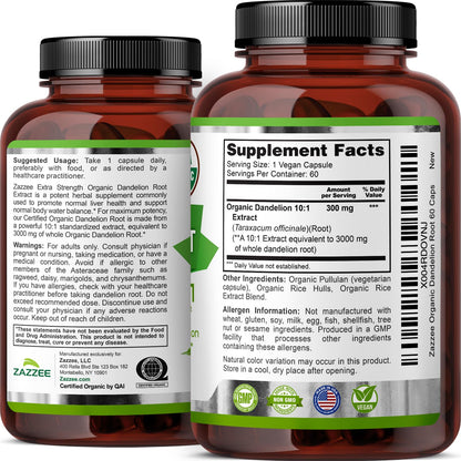 Zazzee USDA Organic Dandelion Root 10:1 Extract, 120 Capsules, 4 Month Supply, Liver & Detox Support, Taraxacum Officinale, Organic Herbal Supplement, All-Natural, Non-GMO, Made in the USA