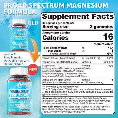 Magnesium Complex Gummies for Women Men 400mg, 8 Forms of Magnesium Glycinate, Citrate, Malate - Sugar Free Calm Magnesium Gummies Supplement with Magnesium Ashwagandha, D3, B12 for Relax,Vegan,120Cts