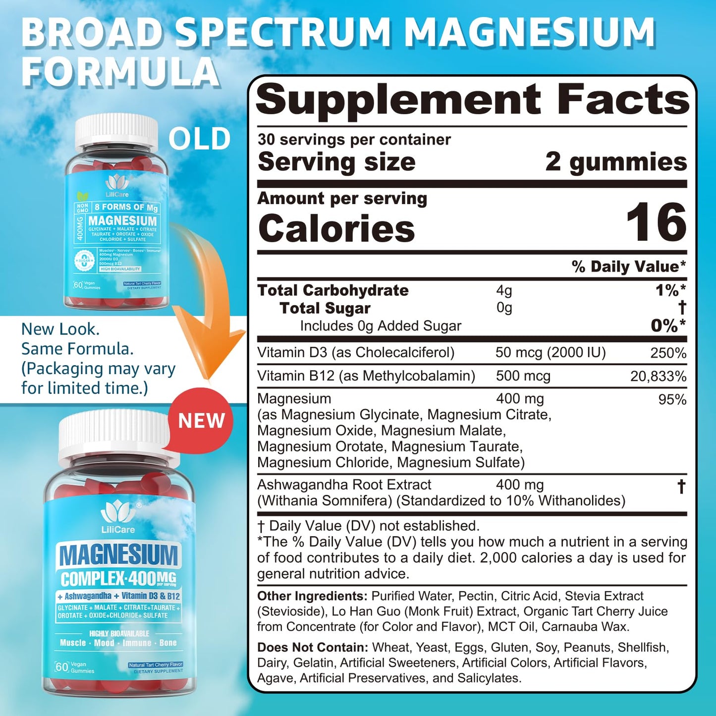 Magnesium Complex Gummies for Women Men 400mg, 8 Forms of Magnesium Glycinate, Citrate, Malate - Sugar Free Calm Magnesium Gummies Supplement with Magnesium Ashwagandha, D3, B12 for Relax,Vegan,120Cts