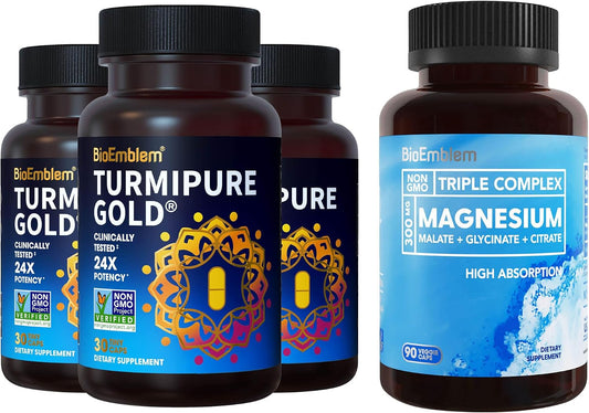 BioEmblem Triple Magnesium Complex and BioEmblem Turmeric Curcumin with Clinically Studied TurmiPure - Joint Support, Healthy Inflammation Turmeric Supplements