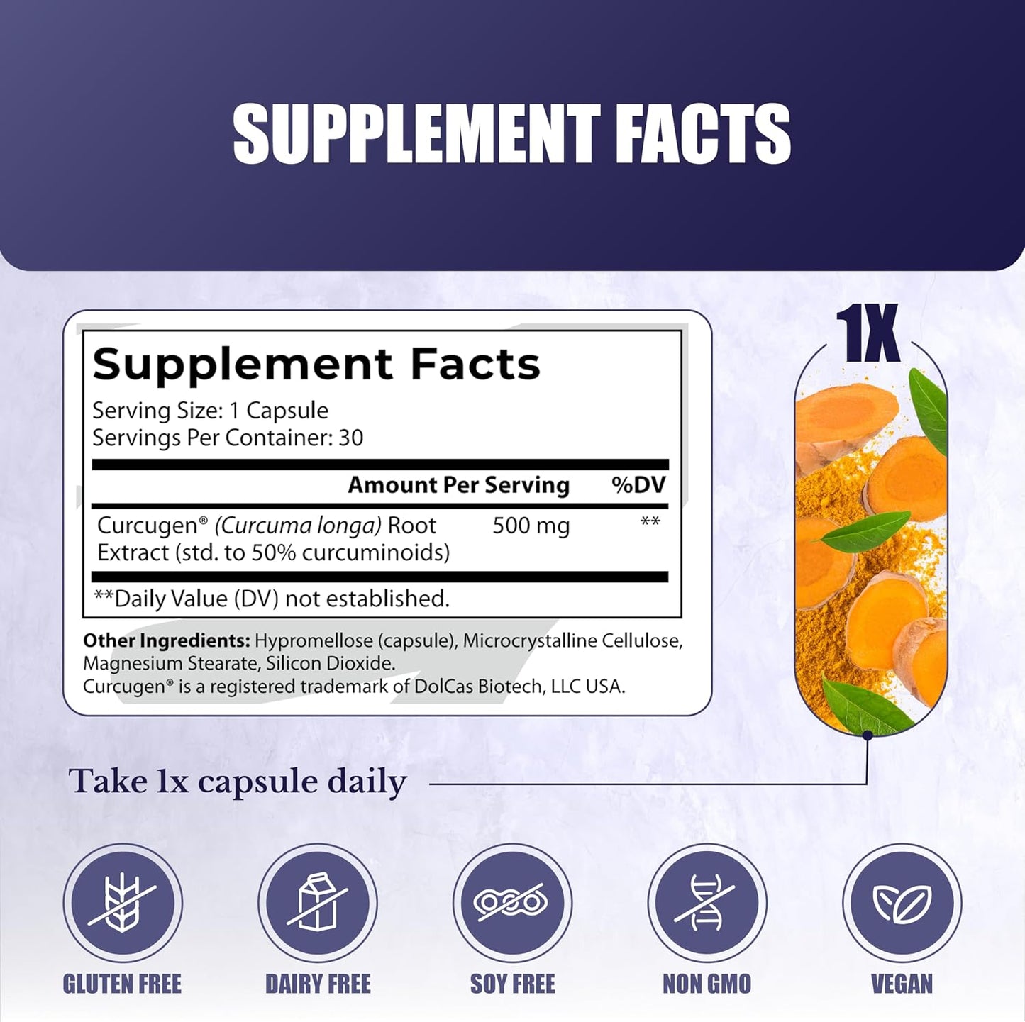 Curcumin Extract Supplement for Joint & Immune Support | Curcumin Extract 500mg, 39x More Bioavailable, Full Spectrum Curcugen, 30 Days Supply, 30 Capsules