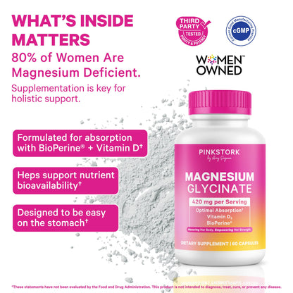 Pink Stork Magnesium Glycinate with Vitamin D, 60 Capsules | Magnesium Supplement for Women, Supports Natural Calm, Mood, and Sleep, Hormone Balance for Women, 1 month supply