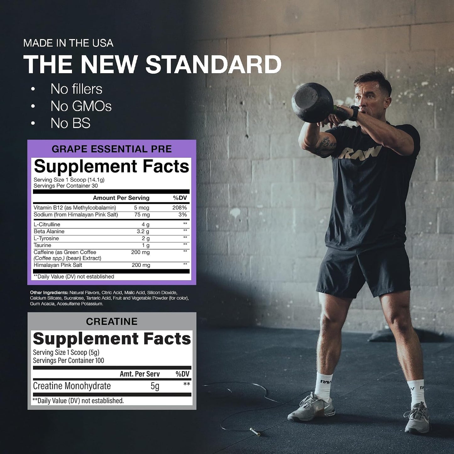RAW Nutrition Creatine Monohydrate & Grape Pre-Workout Powder Bundle
