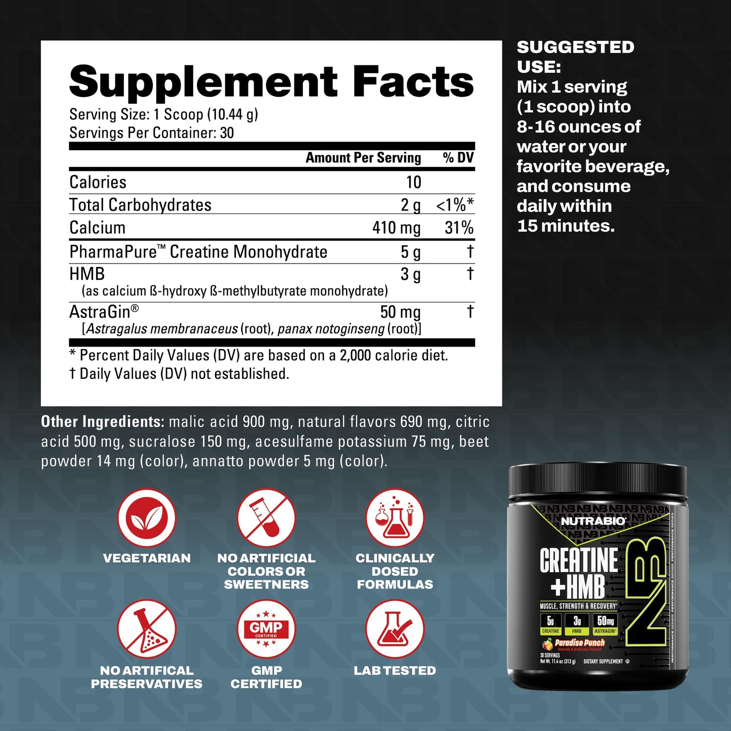 NutraBio Creatine + HMB- Creatine Monohydrate with HMB Powder for Muscle Growth, Increased Strength- 30 Servings (Unflavored)