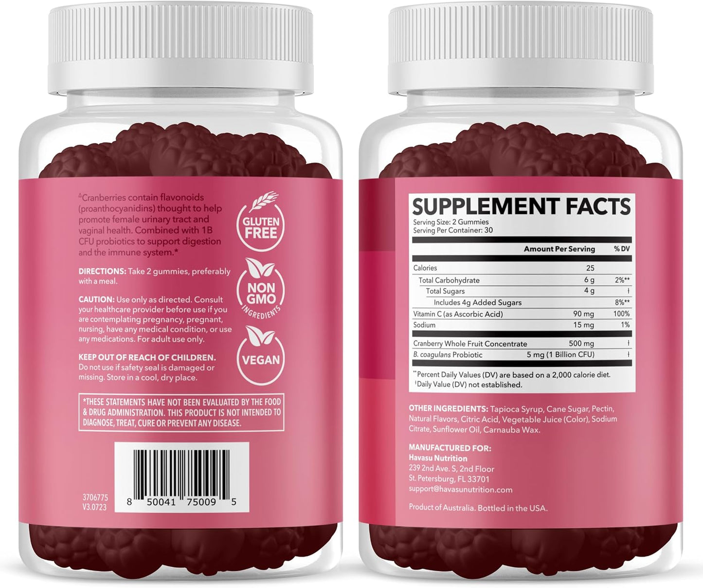 Cranberry Probiotic Gummies, Cran-Raspberry, 60ct, Bladder Support | Probiotic Cranberry Gummies for Women, Urinary Tract Health & pH Balance, 1 Billion CFU of Lactobacillus, Vaginal Wellness