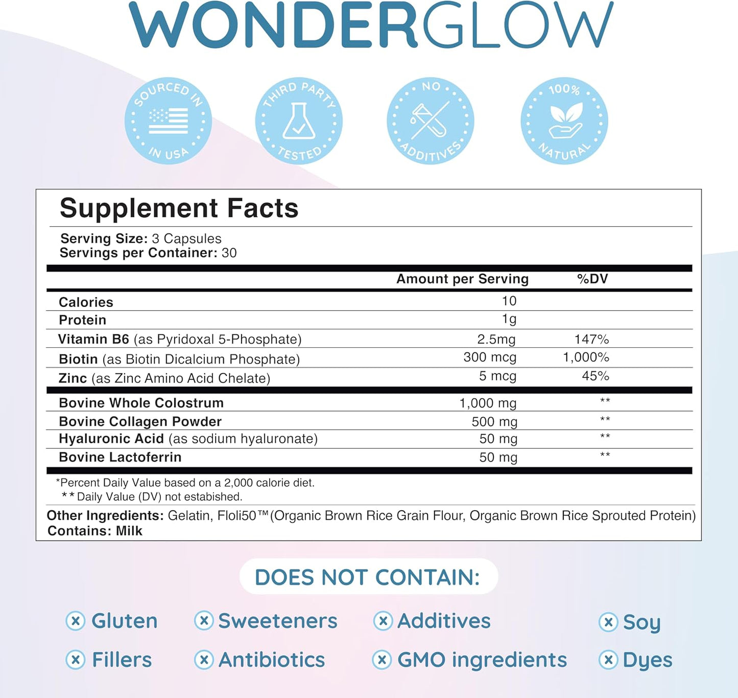 WONDERCOW Hair Skin and Nails Vitamins w/Bovine Colostrum, Collagen, Hyaluronic Acid, Biotin, Zinc, & Lactoferrin┃Supports Faster Hair Growth, Stronger Nails and Glowing Skin (30 Servings, Capsule)