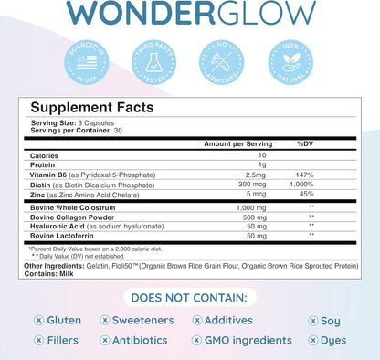 WONDERCOW Hair Skin and Nails Vitamins w/Bovine Colostrum, Collagen, Hyaluronic Acid, Biotin, Zinc, & Lactoferrin┃Supports Faster Hair Growth, Stronger Nails and Glowing Skin (30 Servings, Capsule)