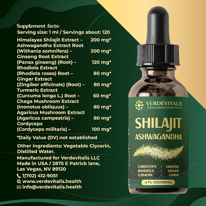 Shilajit Liquid Drops – Pure Shilajit Extract with Ashwagandha for Men & Women, Energy, Stamina & Vitality, Adaptogen Herbal Blend with Cordyceps, Rhodiola & Chaga – 4 fl oz