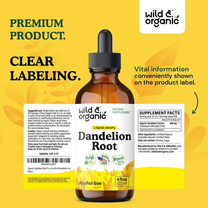 Wild & Organic Dandelion Root Extract Drops - Liver Cleanse Detox - Herbal Dandelion Tincture - Liver Support Supplement - Add to Tea - Vegan, Sugar & Alcohol-Free Liquid Drops - 4 fl oz