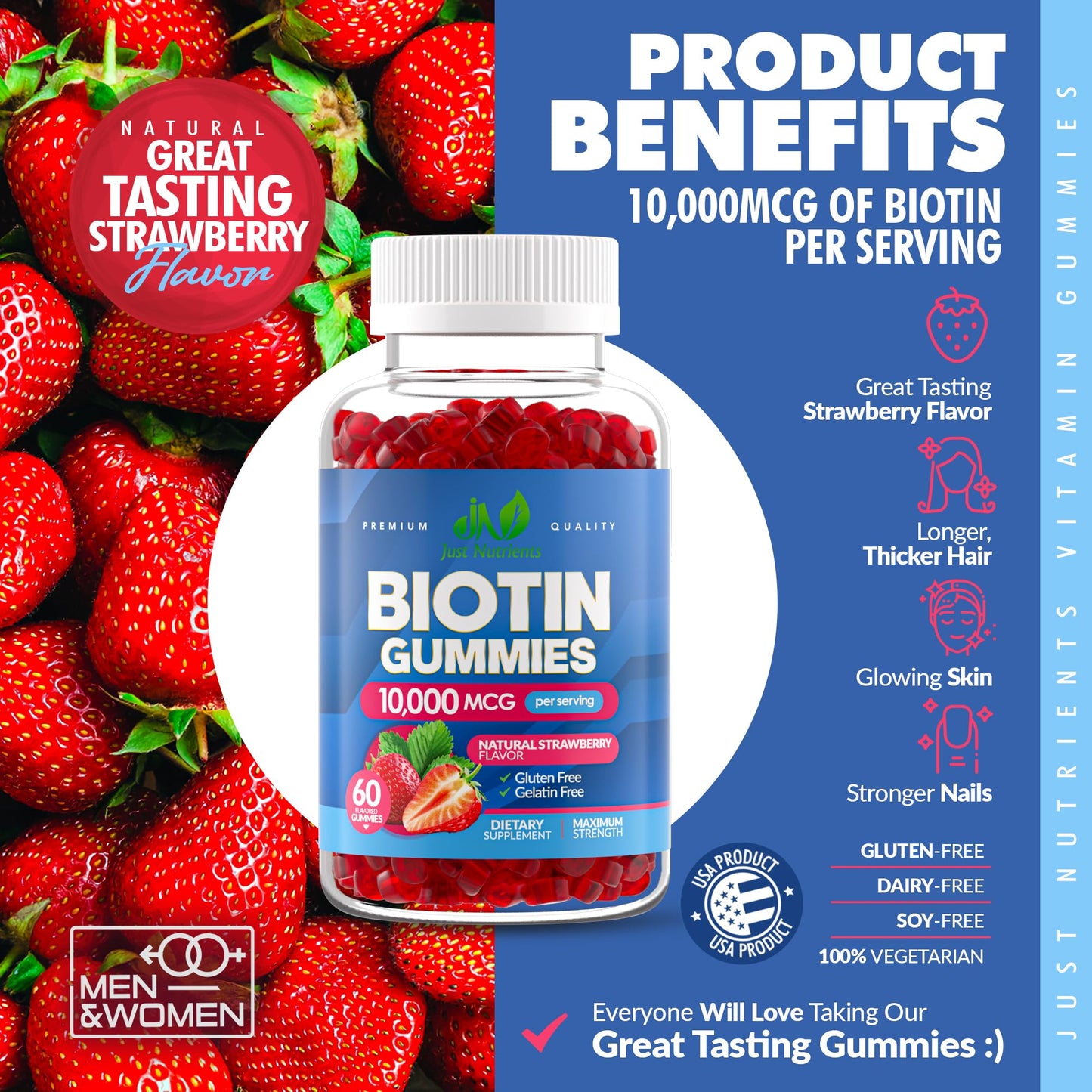 Biotin 10,000mcg Gummies for Hair Growth, Skin & Nails (100 Count) | 2x Maximum Strength Biotin Vitamins for Women & Men - Gluten-Free, Vegan, Great Tasting Strawberry Flavor