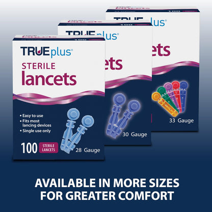 TRUEplus Lancets Bundle (30G), 200 Lancets, Lancing Device, Log Book | Blood Glucose Testing Supplies for Home Use, Includes 200 Sterile 30G Lancets (2 x 100ct), Lancing Device, Log Book