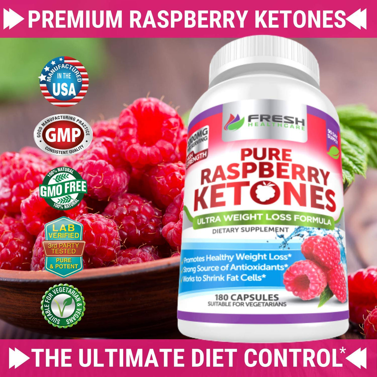 FRESH HEALTHCARE Pure 100% Raspberry Ketones Max 1000mg Per Serving - 3 Month