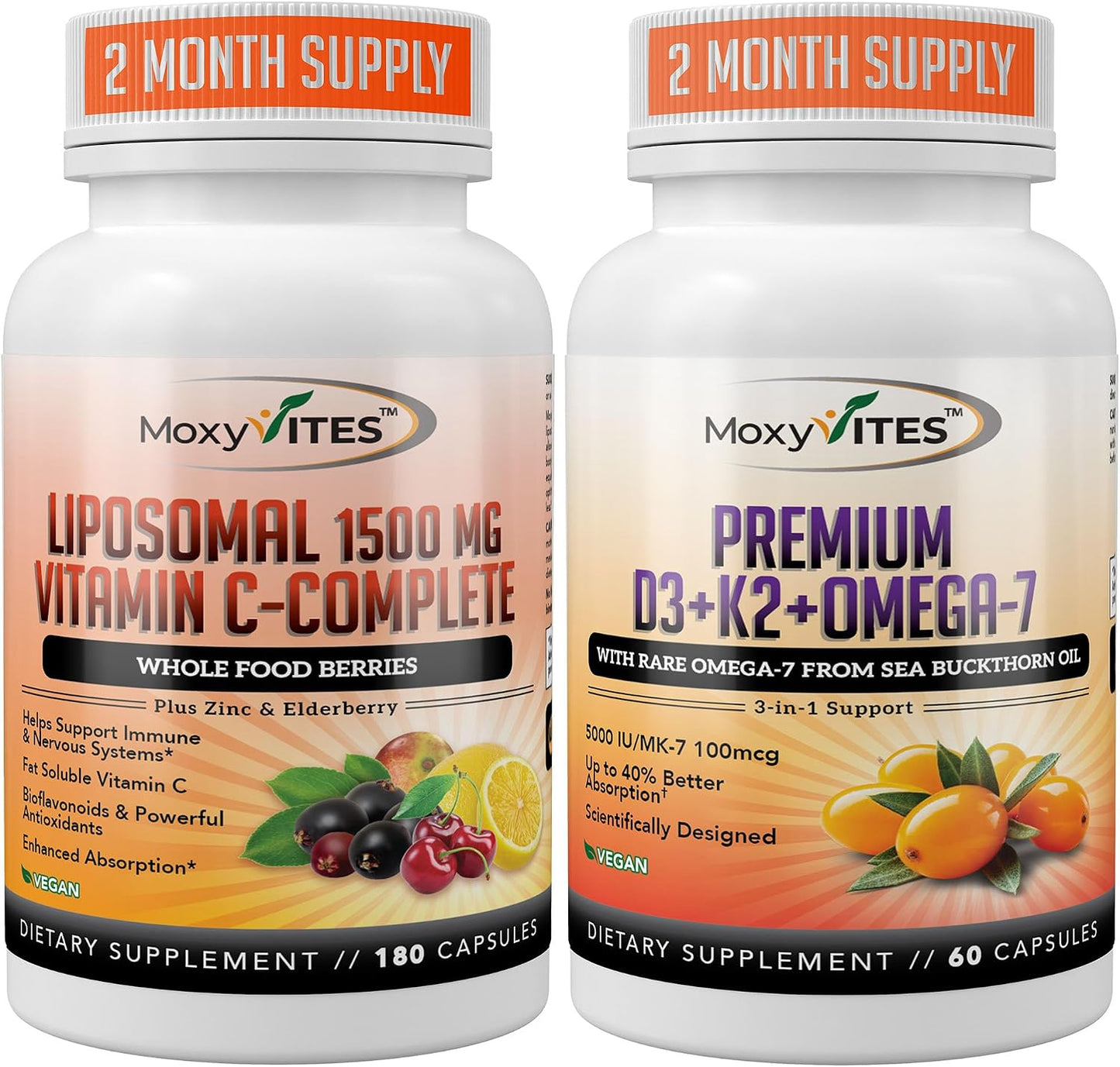 MoxyVites Liposomal Vitamin C with Organic Berries + Vitamin D3 K2 with Omega-7 Sea Buckthorn Oil – Immune Support, Antioxidant Protection, Bone & Heart Wellness – Premium Daily Wellness Pack