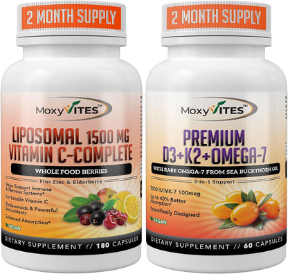 MoxyVites Liposomal Vitamin C with Organic Berries + Vitamin D3 K2 with Omega-7 Sea Buckthorn Oil – Immune Support, Antioxidant Protection, Bone & Heart Wellness – Premium Daily Wellness Pack