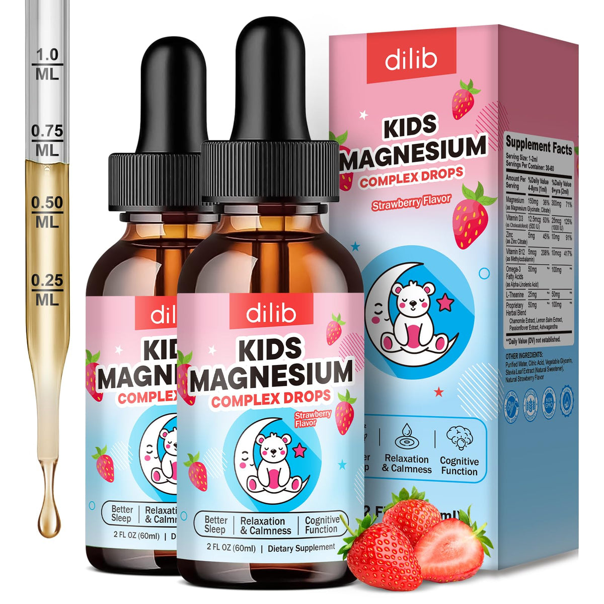Kids Magnesium Liquid Drops - Liquid Magnesium Glycinate for Kids, Citrate Supplement with L-theanine, Omega-3, Vitamin B12, D3 for Sleep, Calm, Relaxation, Brain, Bones, Strawberry 2 Fl Oz