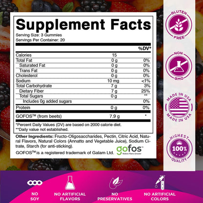 Vitamatic Prebiotic Fiber Gummies for Adults – 7g Fiber per Serving – 60 Pectin-Based Gummies Extra Strength, Zero Sugar Added – Supports Digestive Health & Regularity – Non-GMO, Vegan, Gluten-Free