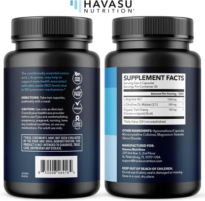 L-Arginine and L-Citrulline for Men, Nitric Oxide Support, 30 Servings | L Arginine 1000mg Capsules with L Citrulline and Tart Cherry, Performance Supplement for Men's Health, Vegan, 60 Count