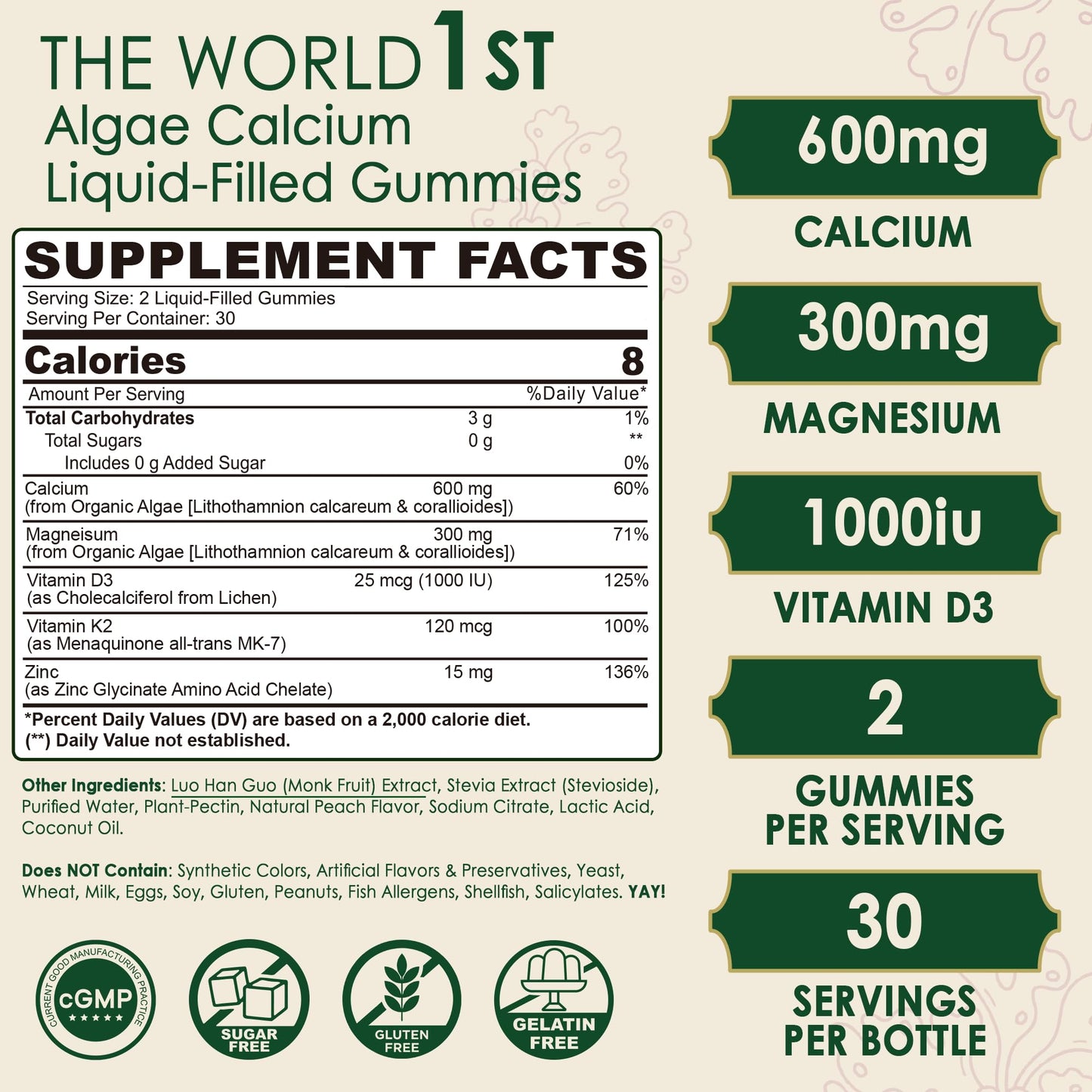 Plant Based Calcium Gummies 600mg with Vitamin D3 K2, Magnesium, Zinc for Bone Strength, Sugar Free Calcium Supplements for Women & Men (Certified Vegan) from Sustainably Organic Red Algae - 60 Counts