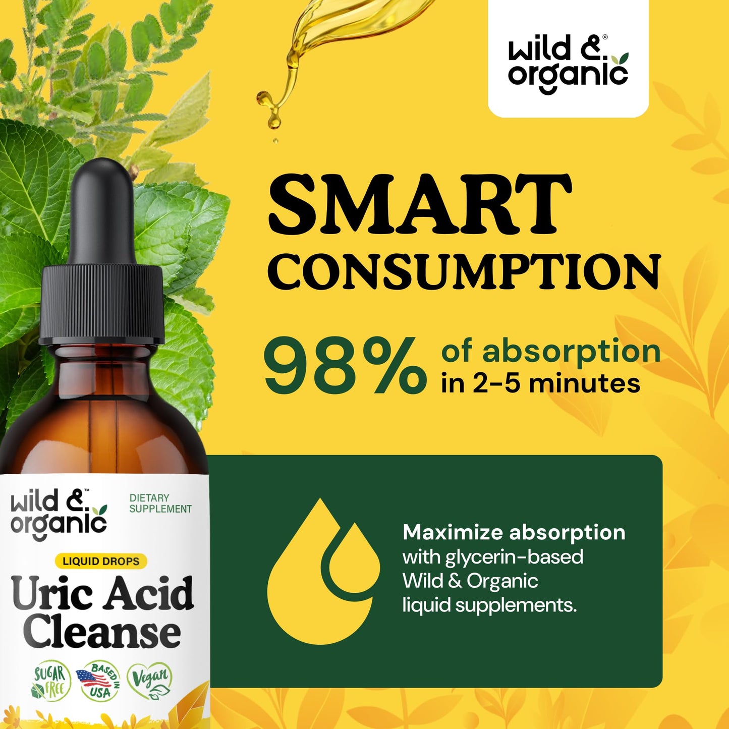 Wild & Organic Uric Acid Cleanse Liquid Drops - Tart Cherry, Turmeric, Celery, Chanca Piedra, Dandelion Root Extract Complex - Uric Acid Supplement - Vegan, Sugar & Alcohol-Free Tincture - 4 fl oz
