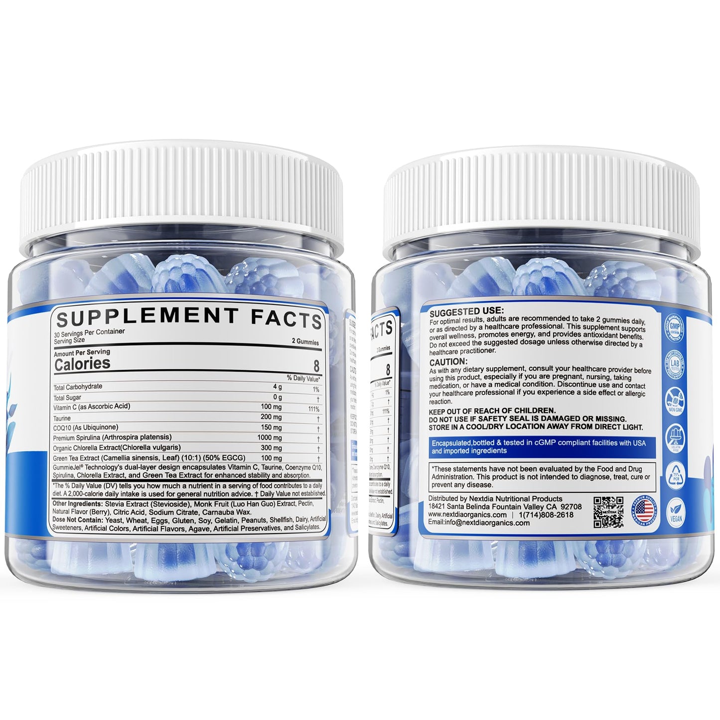 Organic Blue Spirulina Gummies, High Phycocyanin from Nutrient-Rich Blue-Green Algae for Antioxidants, Cellular Energy & Cleanse, Superfood w/Chlorella, CoQ10 & VC,Taurine,Green Tea, Sugar Free, 60 Ct