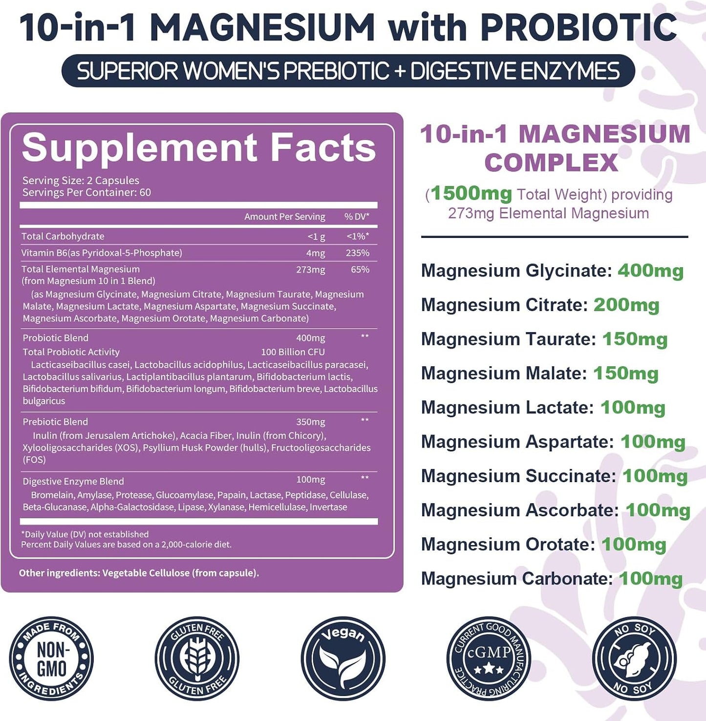 10-in-1 Magnesium Complex Supplement with Probiotics Prebiotics & Digestive Enzymes, 100 Billion CFU Probiotics for Women, High Absorption for Muscle, Sleep Calm, Gut & Digestive Health, Vegan Non-GMO