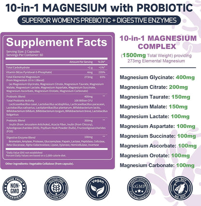 10-in-1 Magnesium Complex Supplement with Probiotics Prebiotics & Digestive Enzymes, 100 Billion CFU Probiotics for Women, High Absorption for Muscle, Sleep Calm, Gut & Digestive Health, Vegan Non-GMO
