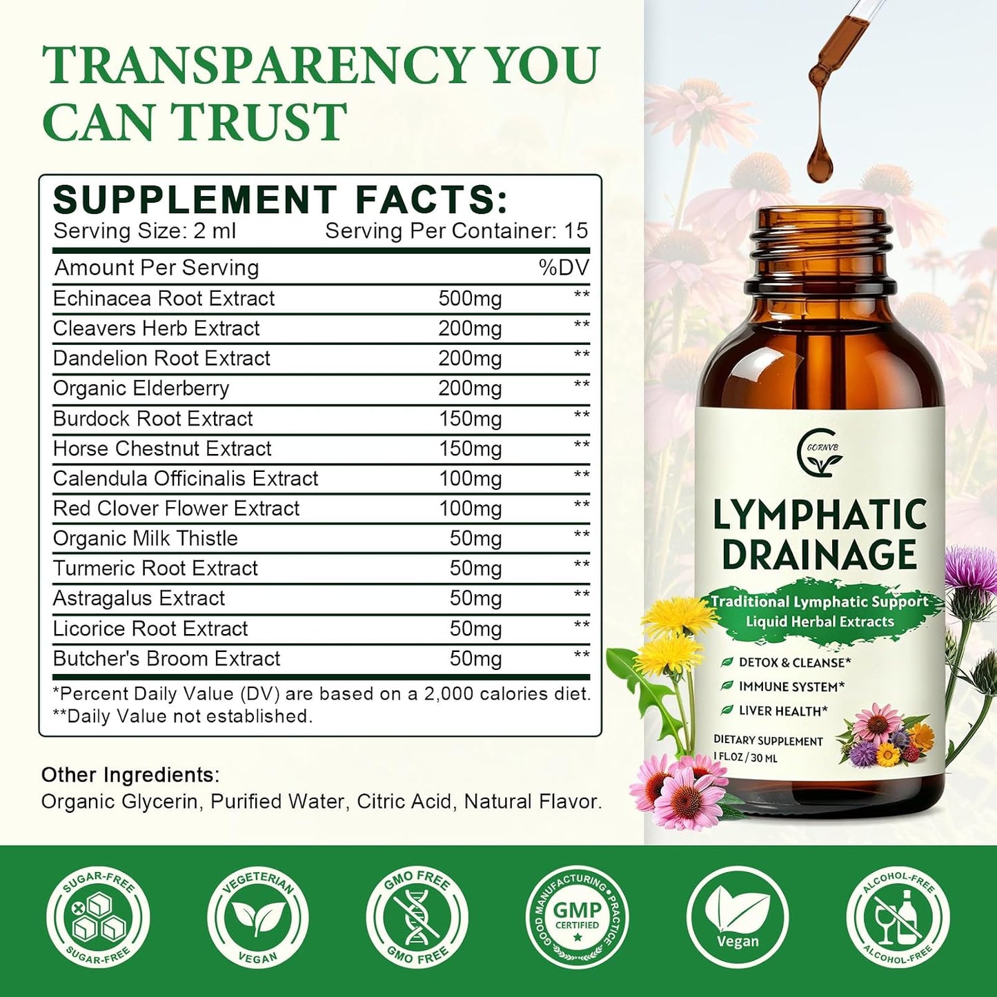 GORNVB Lymphatic Drainage Drops, Lymphatic Drainage Supplements with Echinacea, Cleavers, Dandelion, Red Clover, Horse Chestnut for Swelling Relief, Heavy Legs, Immune & Detox Support, Vegan, 2 fl oz
