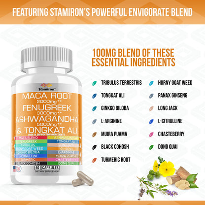 Stamiron Maca Root 2000mg Fenugreek 3000mg Ashwagandha 5000mg Supplement