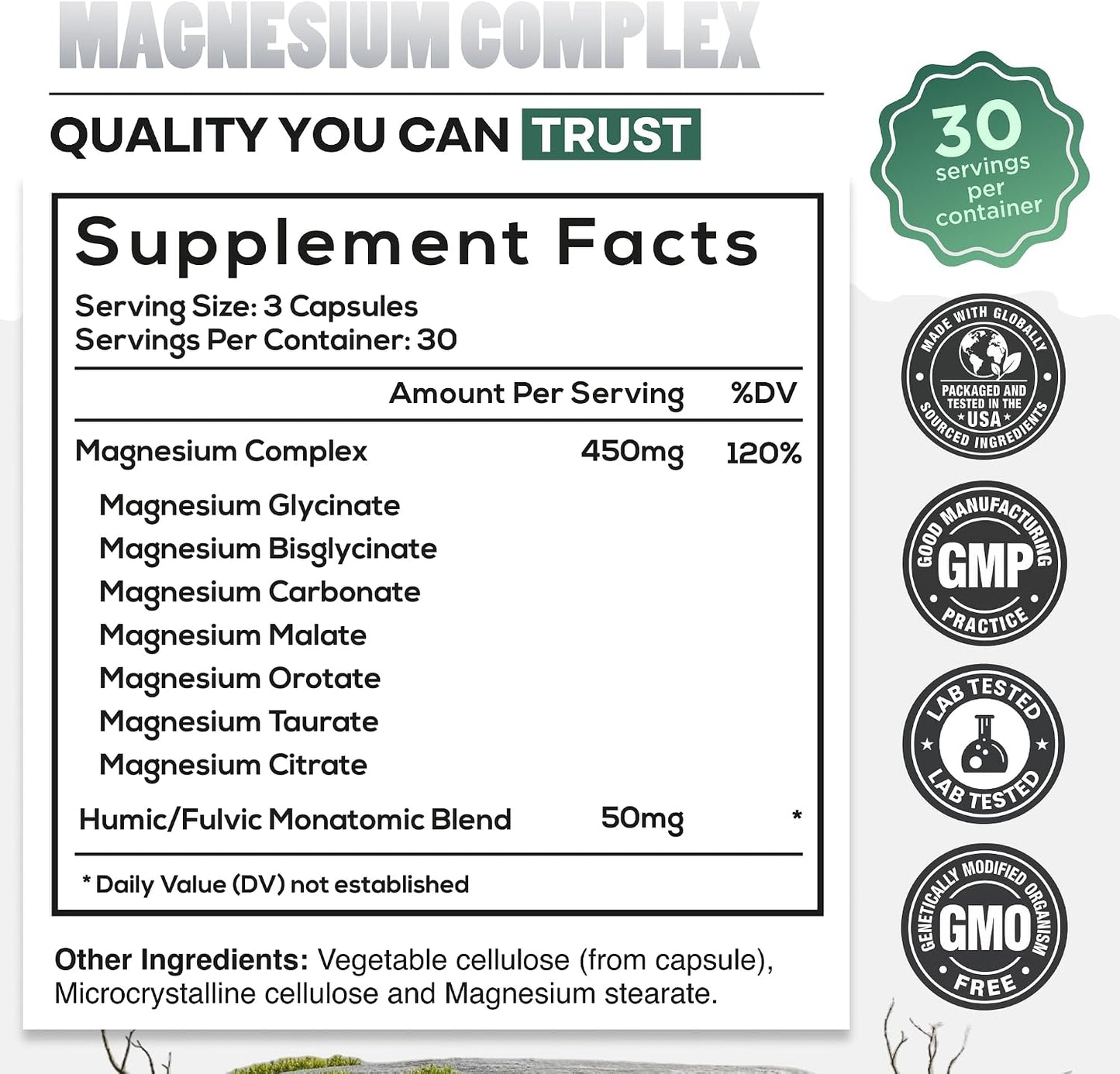 Wild Foods Magnesium Complex Supplement with 7X Forms, 90 Capsules | High Absorption, Full Spectrum, Easy Digestion | 500mg Glycinate, Bisglycinate, Malate, Orotate, Citrate, Taurate