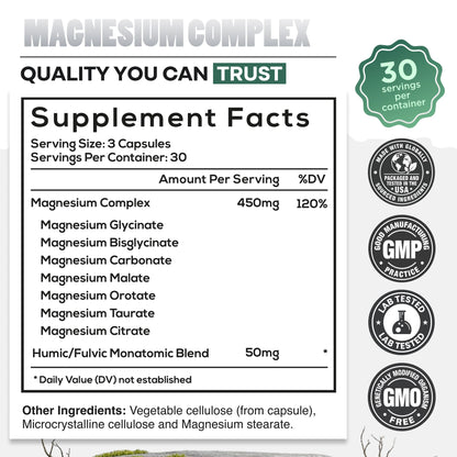 Wild Foods Magnesium Complex Supplement with 7X Forms, 90 Capsules | High Absorption, Full Spectrum, Easy Digestion | 500mg Glycinate, Bisglycinate, Malate, Orotate, Citrate, Taurate