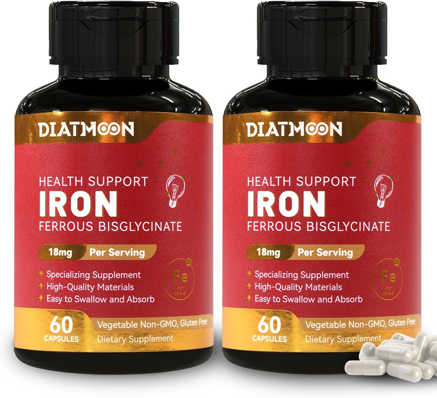 2 Pack Iron Supplement for Women & Men - Highly Absorbable Iron Bisglycinate Capsules for Adults,Vegan, Non-GMO, Gluten-Free, Supports Energy & Overall Wellbeing