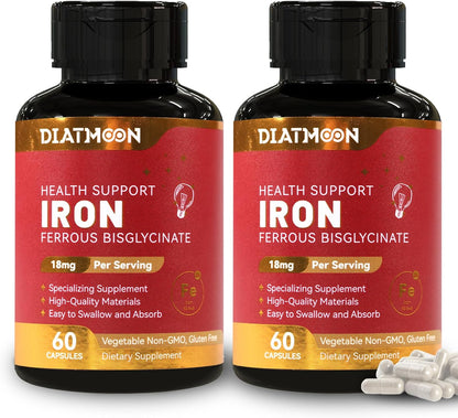 2 Pack Iron Supplement for Women & Men - Highly Absorbable Iron Bisglycinate Capsules for Adults,Vegan, Non-GMO, Gluten-Free, Supports Energy & Overall Wellbeing