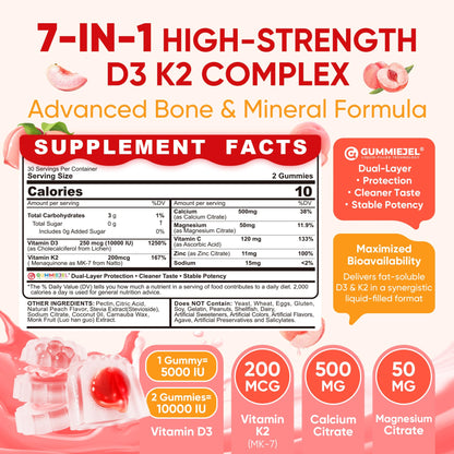 Vitamin D3 K2 Gummies 5000IU / 10,000 IU with 500mg Calcium + K2 (MK-7), Magnesium, Vitamin C & Zinc, For GLP-1 Users, Extra Strength - Ultimate Absorption for Bones, Muscles & Teeth, Vegan, 60Count
