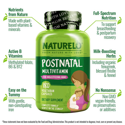 NATURELO Postnatal Multivitamin - Supplement for Breastfeeding Women - Plant-Based Vitamin D, Folate, Gentle Iron - for Nursing Mother, Baby - Post Natal Lactation Support 180 Capsules
