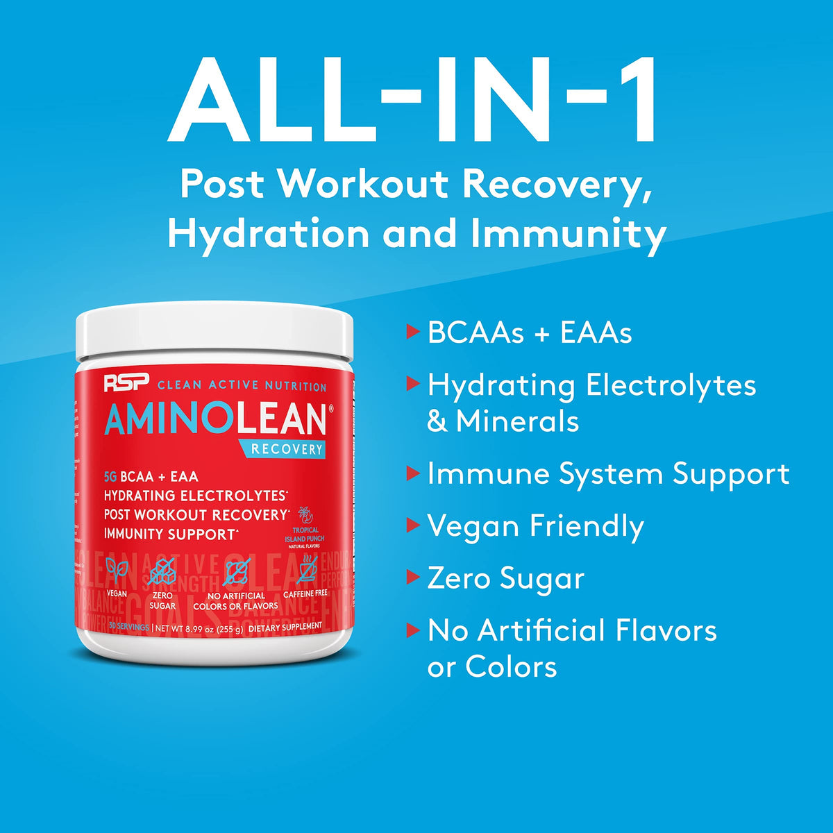 RSP NUTRITION Vegan AminoLean Pre Workout Energy (Mango 25 Servings) with AminoLean Recovery Post Workout Boost (Tropical Island Punch 30 Servings)