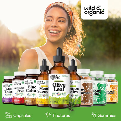 Wild & Organic Olive Leaf Extract Liquid Drops - Immune & Antioxidant Support - Oleuropein Supplement - Add to Tea Olive Leaf Tincture - Vegan, Sugar & Alcohol Free - 4 fl oz