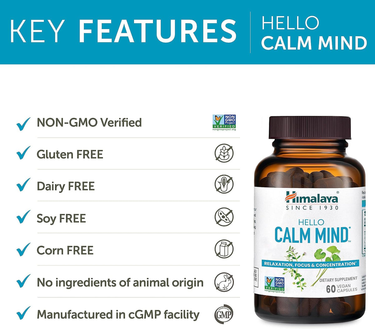 Himalaya Hello Calm Mind Herbal Supplement,Cognitive Support, 60 Capsules