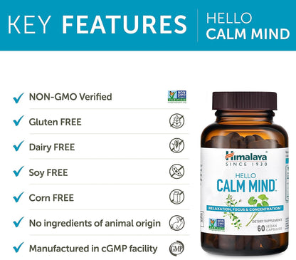 Himalaya Hello Calm Mind Herbal Supplement,Cognitive Support, 60 Capsules