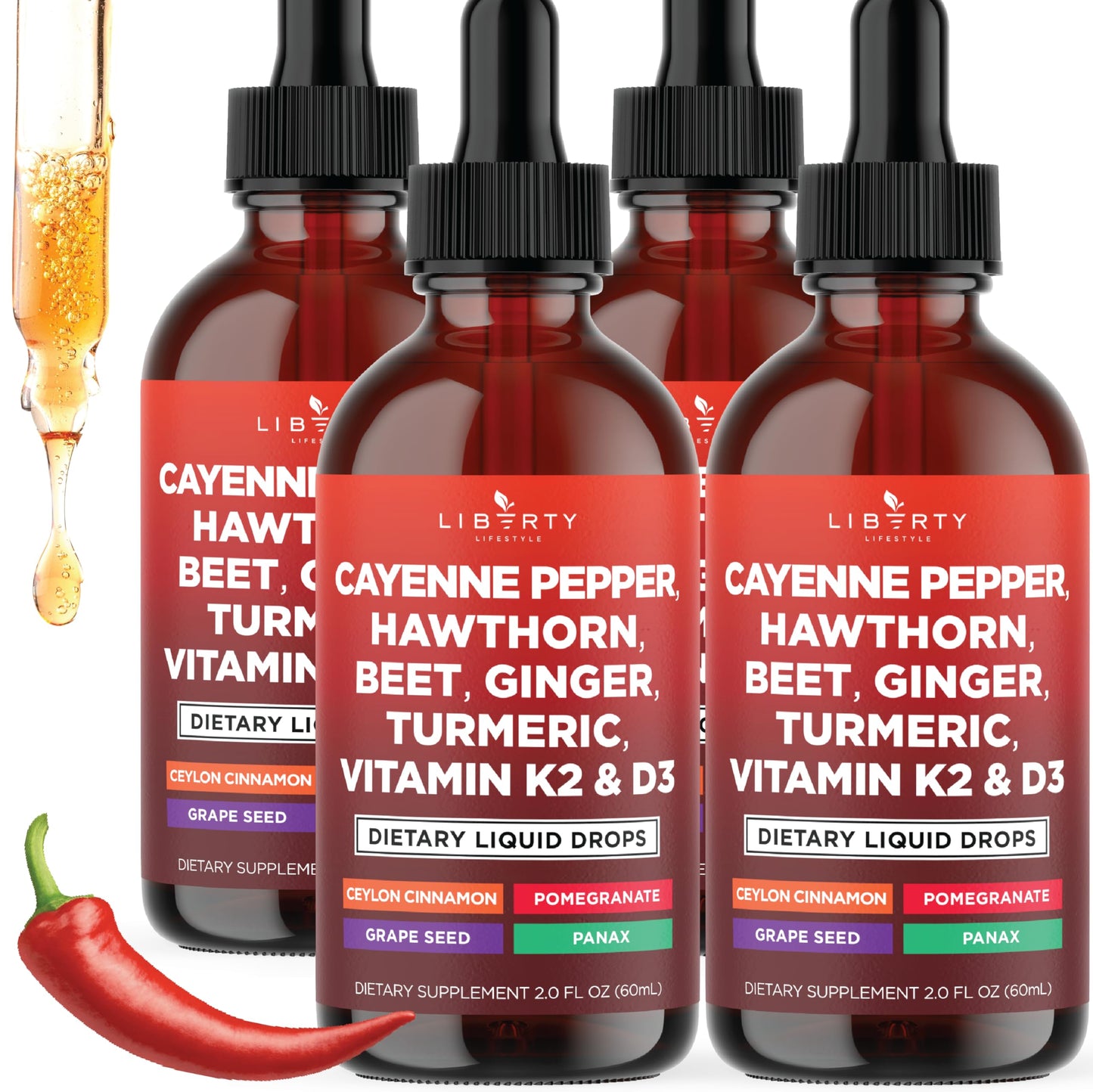 Cayenne Pepper Supplement Liquid Drops + Hawthorn Berry, Vitamin D3 K2 Beet Root Powder, Ceylon Cinnamon, Turmeric Curcumin, Organic Panax Ginseng - 4oz