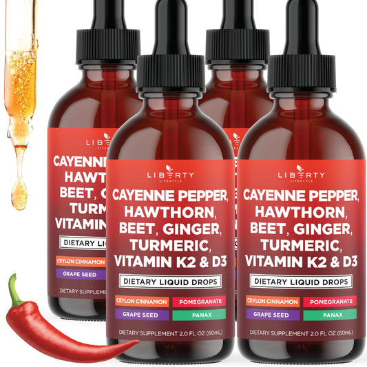 Cayenne Pepper Supplement Liquid Drops + Hawthorn Berry, Vitamin D3 K2 Beet Root Powder, Ceylon Cinnamon, Turmeric Curcumin, Organic Panax Ginseng - 4oz