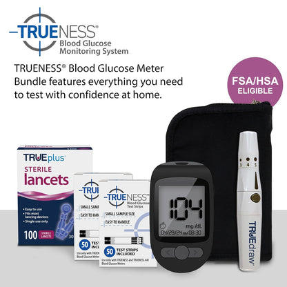 TRUENESS Blood Glucose Meter Kit with Testing Supplies | Includes Blood Glucose Monitor, Case, 100 Test Strips, 100 Lancets, Lancing Device - Fast, Easy Testing Supplies for Home Use