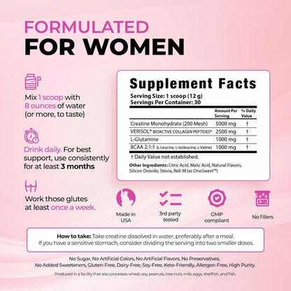 Bold Buns Creatine for Women – Supplement with Collagen & BCAA – Supports Muscle Development, Post-Workout Recovery, Skin Elasticity, Healthy Hair & Nail (30 Servings, Unflavored)