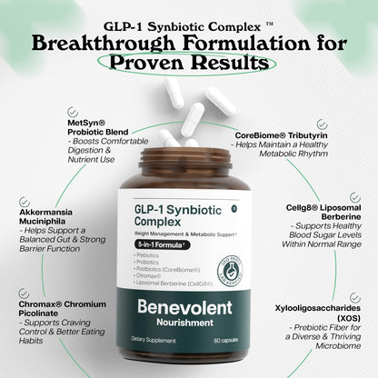 Benevolent Glp-1 Support | 5-in-1 Synbiotic with Akkermansia, MetSyn®, Chromax® & Liposomal Berberine | Natural GLP 1 Probiotics Supplement for Weight Management & Metabolic Balance, 60 Ct