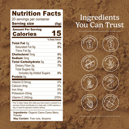 Organic Traditions Camu Camu Powder Organic, Camu Camu Powder from Amazon Superfruit, Rich in Wholefood Vitamin C, Bright Tangy Superfood Ingredient for Smoothies, Plant Based Non GMO, 100g / 3.5oz