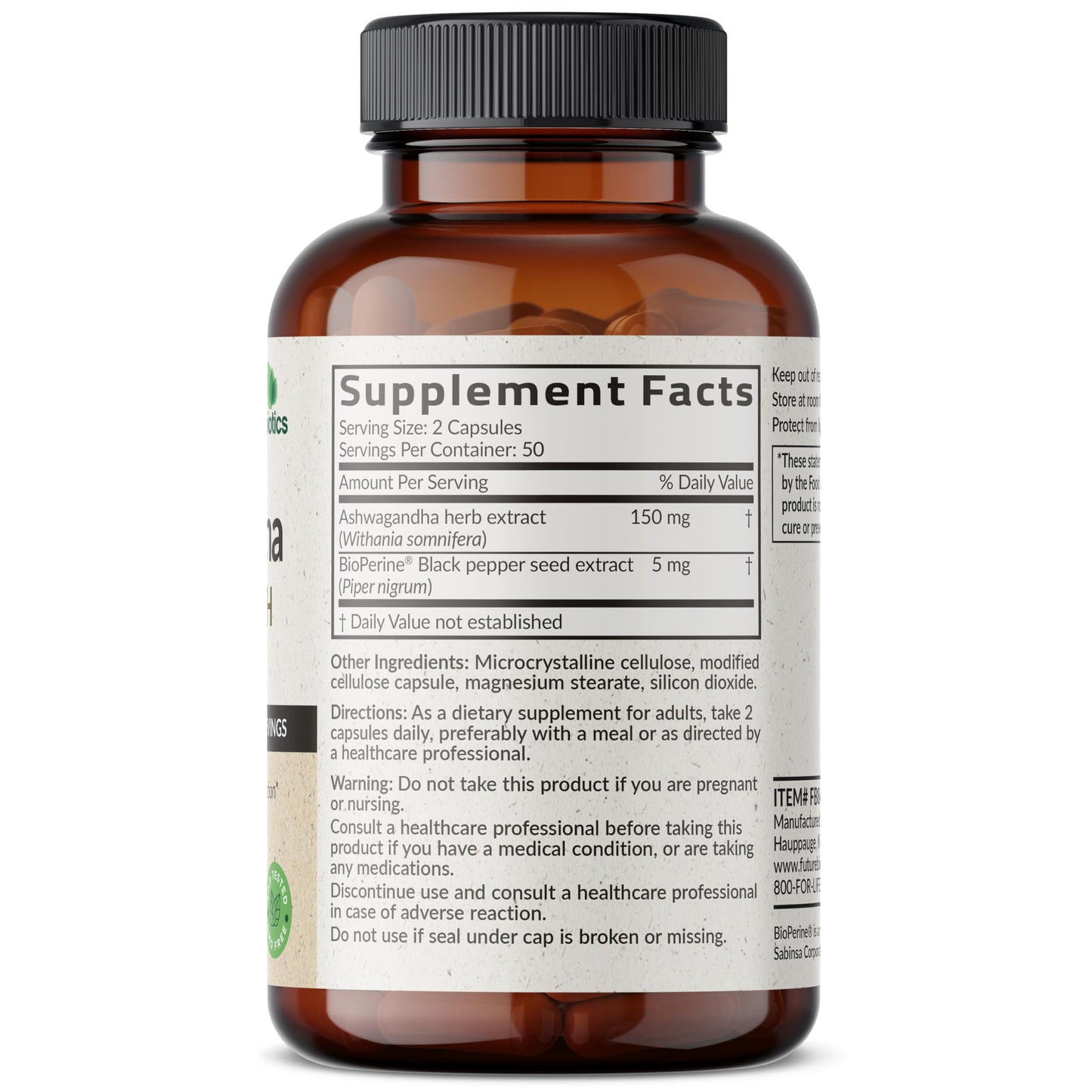 Futurebiotics Ashwagandha Extra Strength Stress & Mood Support 100 Capsules | Vegetarian, Non-GMO, Gluten-FREE, Soy-FREE, BioPerine for High Absorption