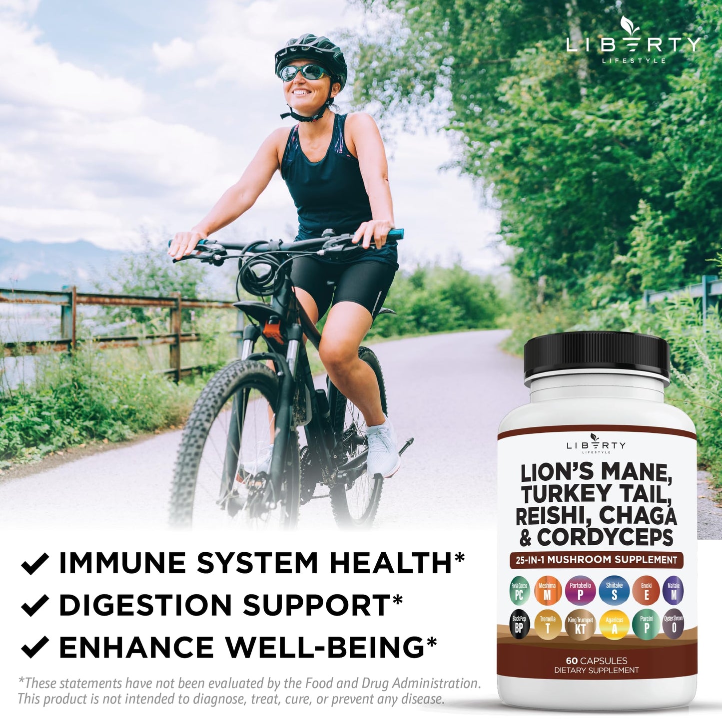 Liberty Lifestyle Lions Mane Mushroom Supplement with Turkey Tail Reishi Cordyceps Chaga with Marshmallow Root - 2-Pack
