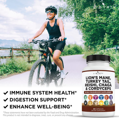 Liberty Lifestyle Lions Mane Mushroom Supplement with Turkey Tail Reishi Cordyceps Chaga with Marshmallow Root - 2-Pack