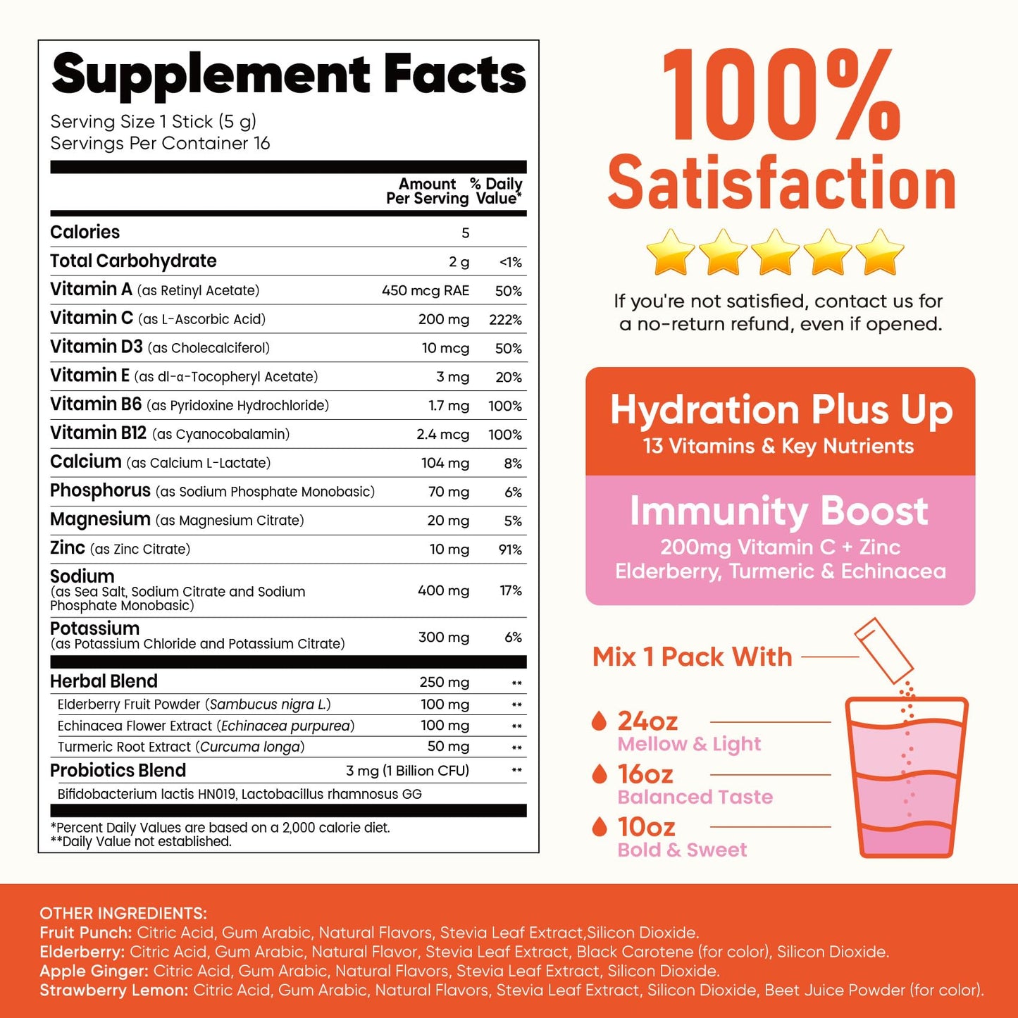 Venture Pal Sugar Free Hydration Packets+Immune-Liquid Daily IV Drink Mix | Electrolyte Powder with 7 Electrolytes & 6 Vitamins, Probiotics + Elderberry | Non-GMO, Keto Friendly, Vegan | 16 Sticks