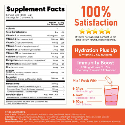 Venture Pal Sugar Free Hydration Packets+Immune-Liquid Daily IV Drink Mix | Electrolyte Powder with 7 Electrolytes & 6 Vitamins, Probiotics + Elderberry | Non-GMO, Keto Friendly, Vegan | 16 Sticks