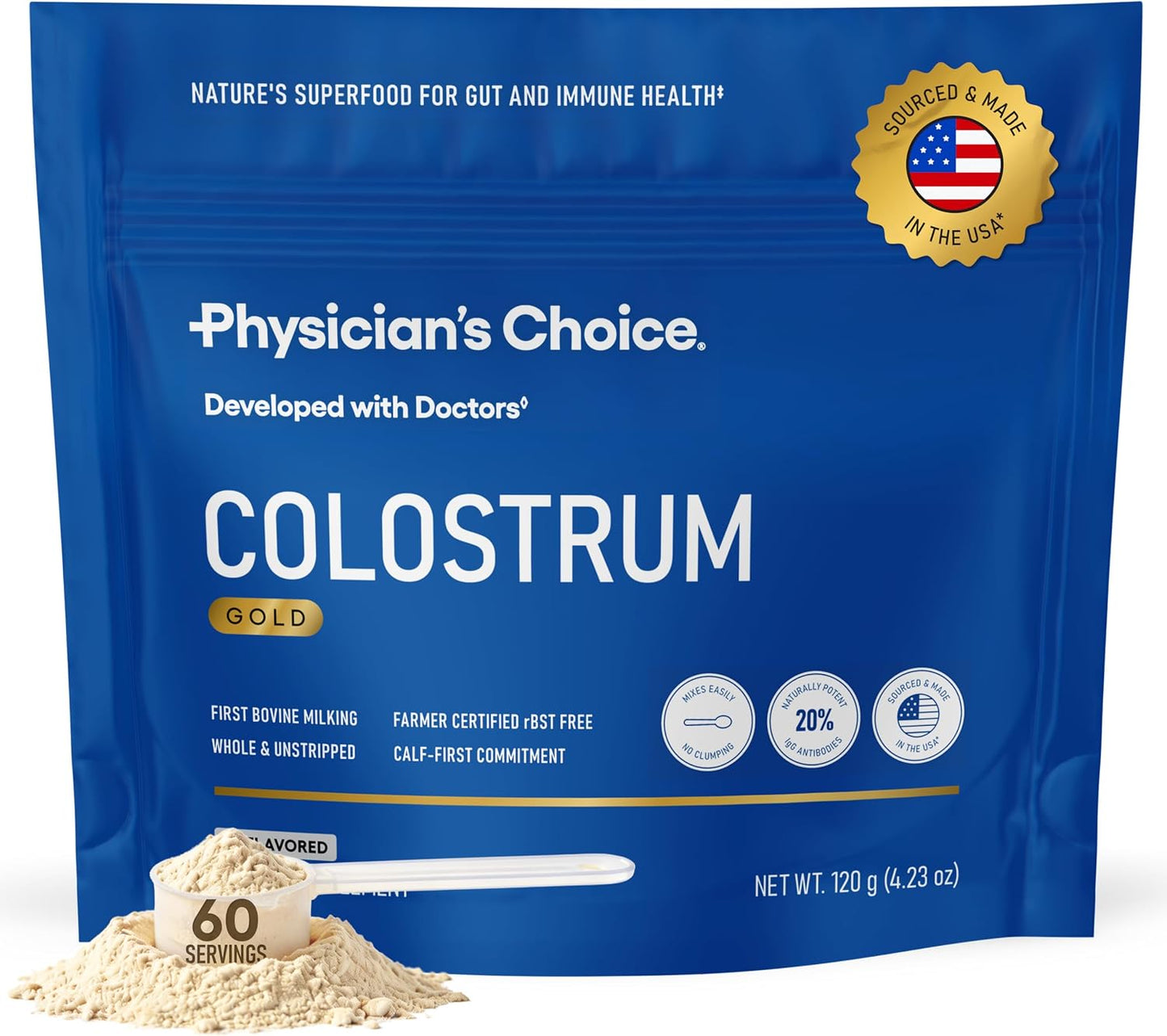 Physician's CHOICE Colostrum Gold Powder - First-Day Milking for Gut & Immune Support - Potent IgG Antibodies & Bioactive Nutrients - Whole & Unstripped - Easy to Mix - Made in the USA - 60 Servings